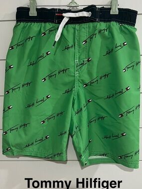 Tommy Hilfiger Navy and Green Logo Lined Swim Shorts